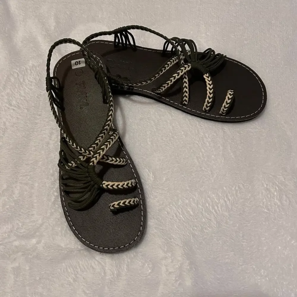 Plaka Flat Sandals for Women Braided Palm Leaf Teal & Moss Green, Size 10